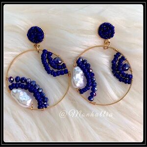 NEW GOLD PEARL & BLUE BEAD WIRE WRAP STATEMENT BEACHY BOHO EARRINGS
